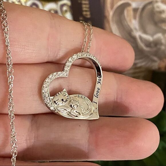 “I Love You” Cat Mother Child CZ Heart Sterling Silver Necklace - Picture 3 of 3